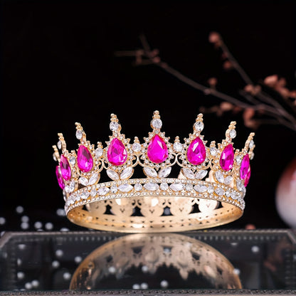 1pc Baroque Style Round Crown Princess Queen's Round Crown Bridal Wedding Birthday Hair Accessories, Retro Style