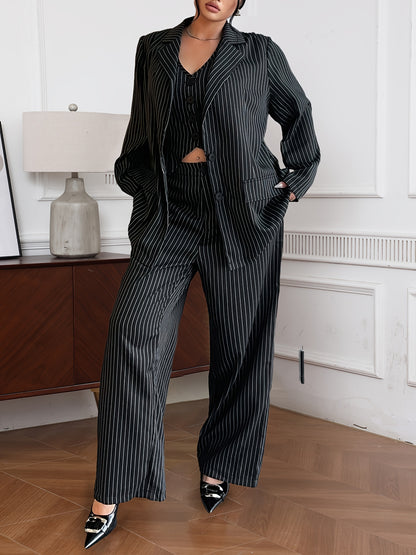 Large Size Women's Striped Long Sleeve Suit Jacket with V-Neck Vest and Trousers, Three-Piece Suit for Commuting and Parties
