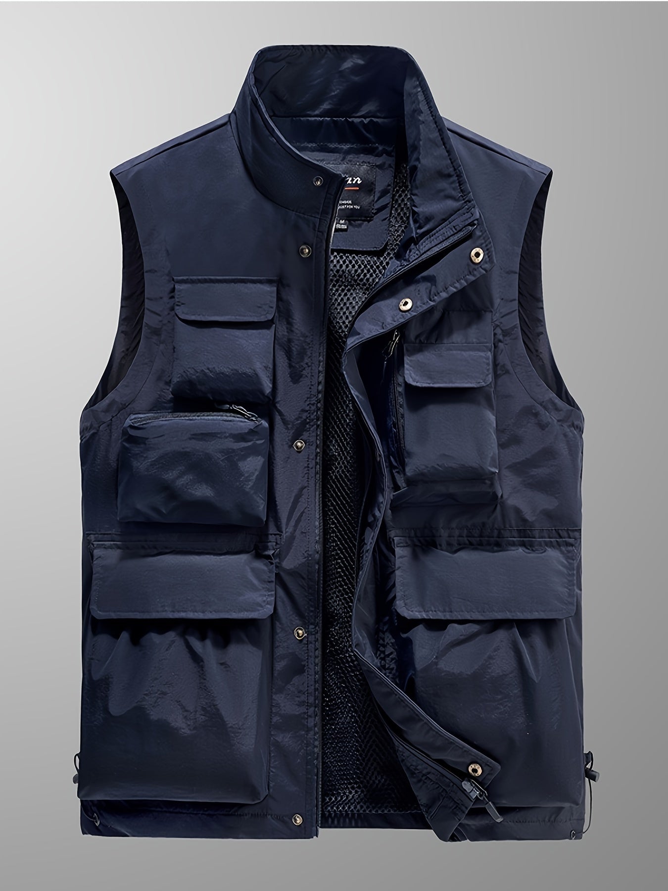 Men's Solid Tank Top With Multi Pockets, Casual Stand Collar Sleeveless Slim-fit Top, Men's Clothing For Outdoor