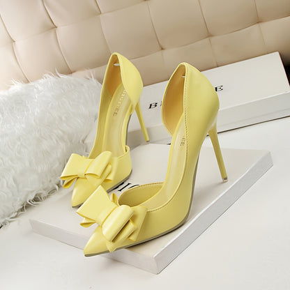 Elegant Bowknot Stilettos - Fashion Pointed-Toe Pumps with Cut-Out Side Design, Decorative Heel, and Slip-Resistant Soles for Women