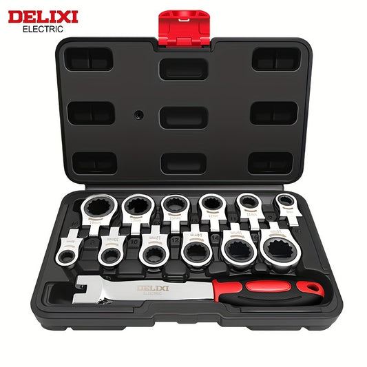 DELIXI ELECTRIC 12-in-1 Interchangeable Ratchet Wrench Set, Mechanical Metal Socket Spanner with Quick Release, Mirror Polished, Non-Slip, High Temperature Quenched, Precision Forged