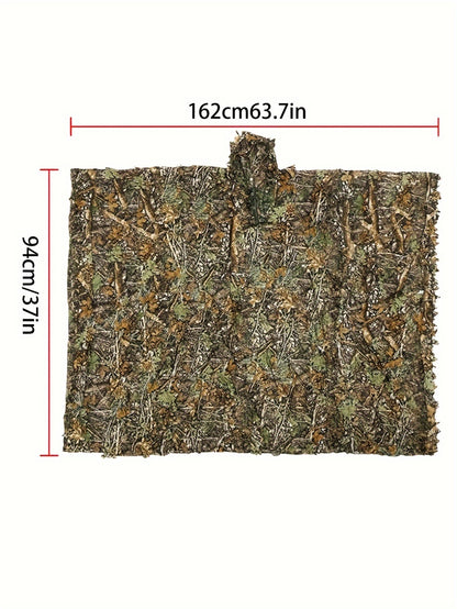 1pc Camo Leaf Pattern Hooded Poncho, 3D Leaf Camouflage Mesh Hooded Army Costume, Polyester 100% Knit Fabric with Slight Stretch, Loose Fit for Outdoor Activities, Hunting, Bird Watching, Survival Games - S-XL