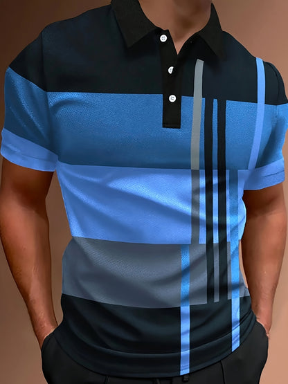 2024 Men'S Casual Geometric Print Knit Polo-Style Shirt with Lapel Collar and Slight Stretch - 100% Polyester Material - Regular Fit