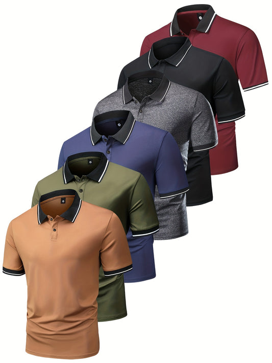 6pcs Short Sleeve Men's Fashionable Lapel Golf T-shirt, Suitable for Tennis and Commercial Entertainment, Ideal Gift