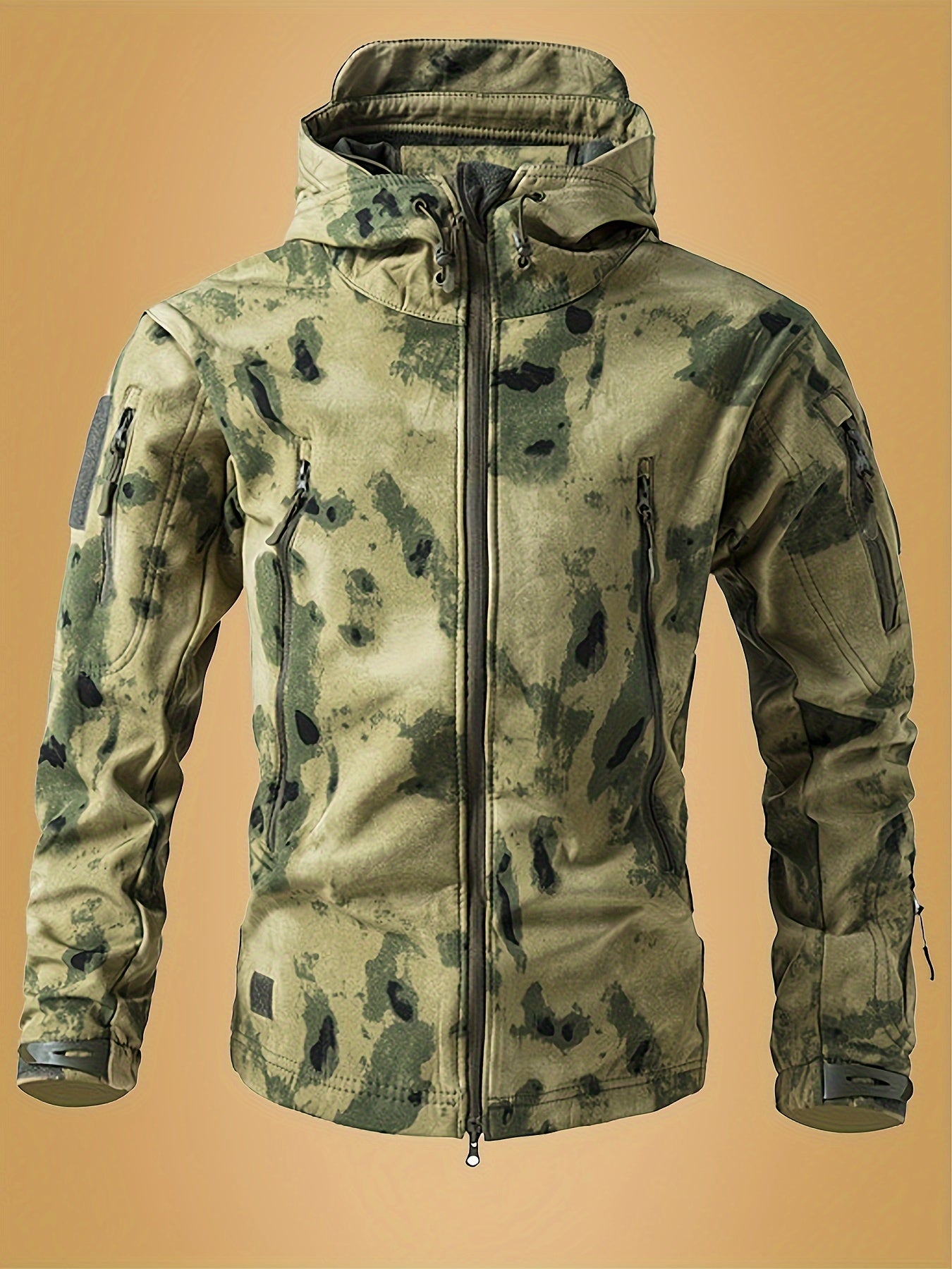 Men's Camouflage Print Softshell Jacket, Multi-Pocket Hooded Coat, Windproof Outdoor Jacket For Hiking And Camping