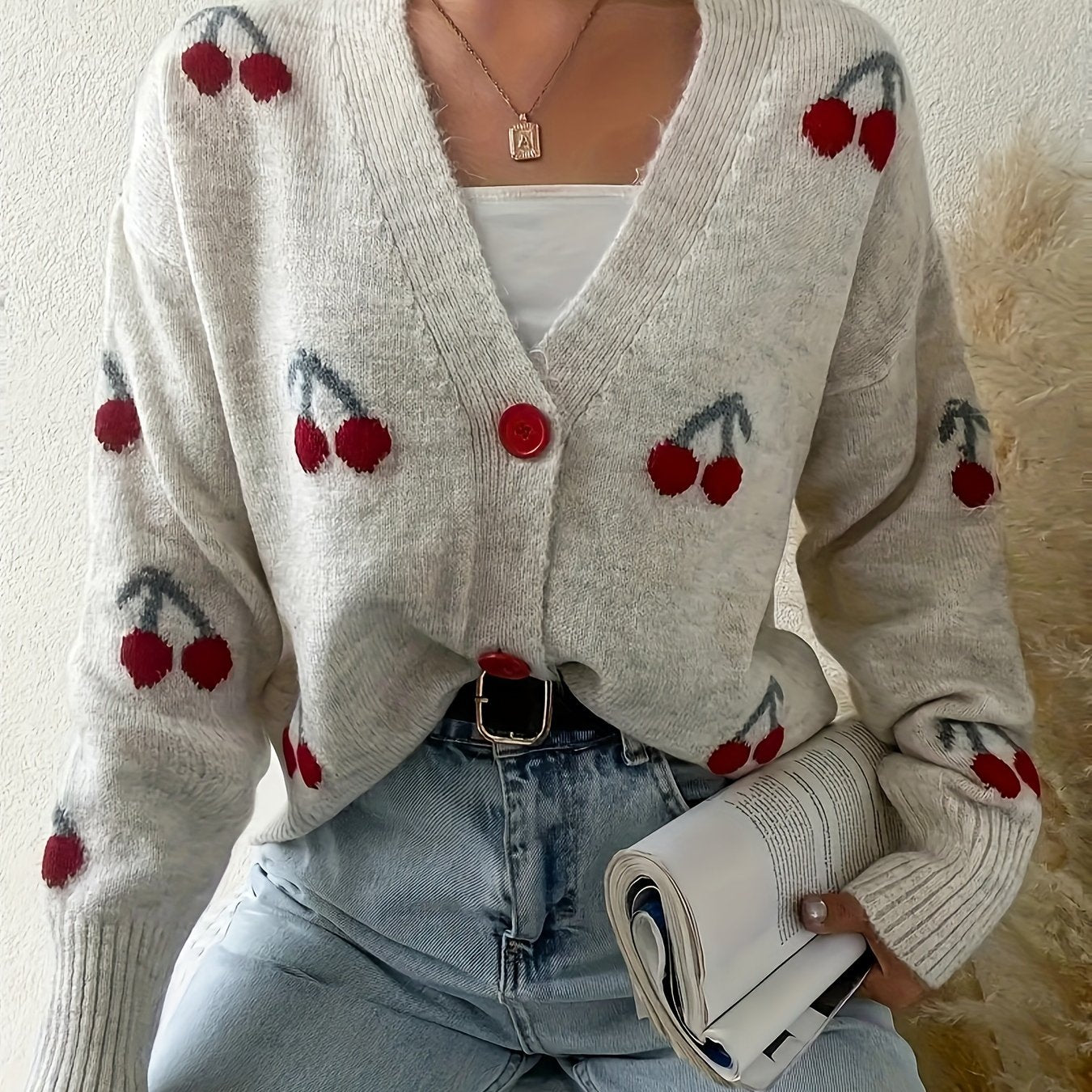 Elegant Cherry-Embellished V-Neck Cardigan - Cozy Knit Sweater for Women, Perfect for Fall/Winter
