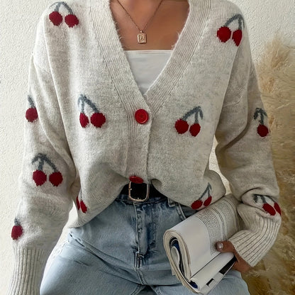 Elegant Cherry-Embellished V-Neck Cardigan - Cozy Knit Sweater for Women, Perfect for Fall/Winter