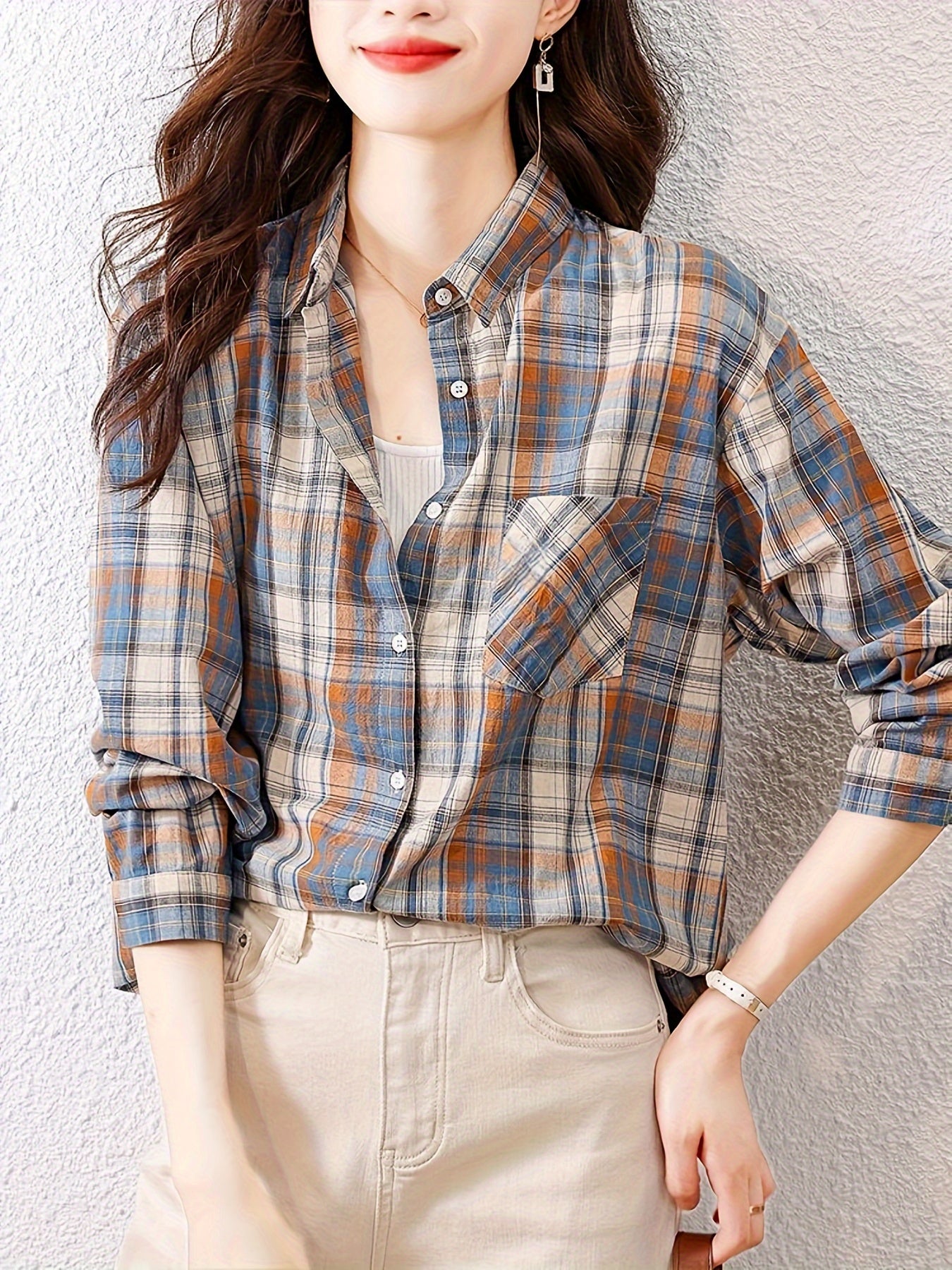 Plaid Pattern Button Front Shirt, Elegant Long Sleeve Lapel Collar Shirt, Women's Clothing