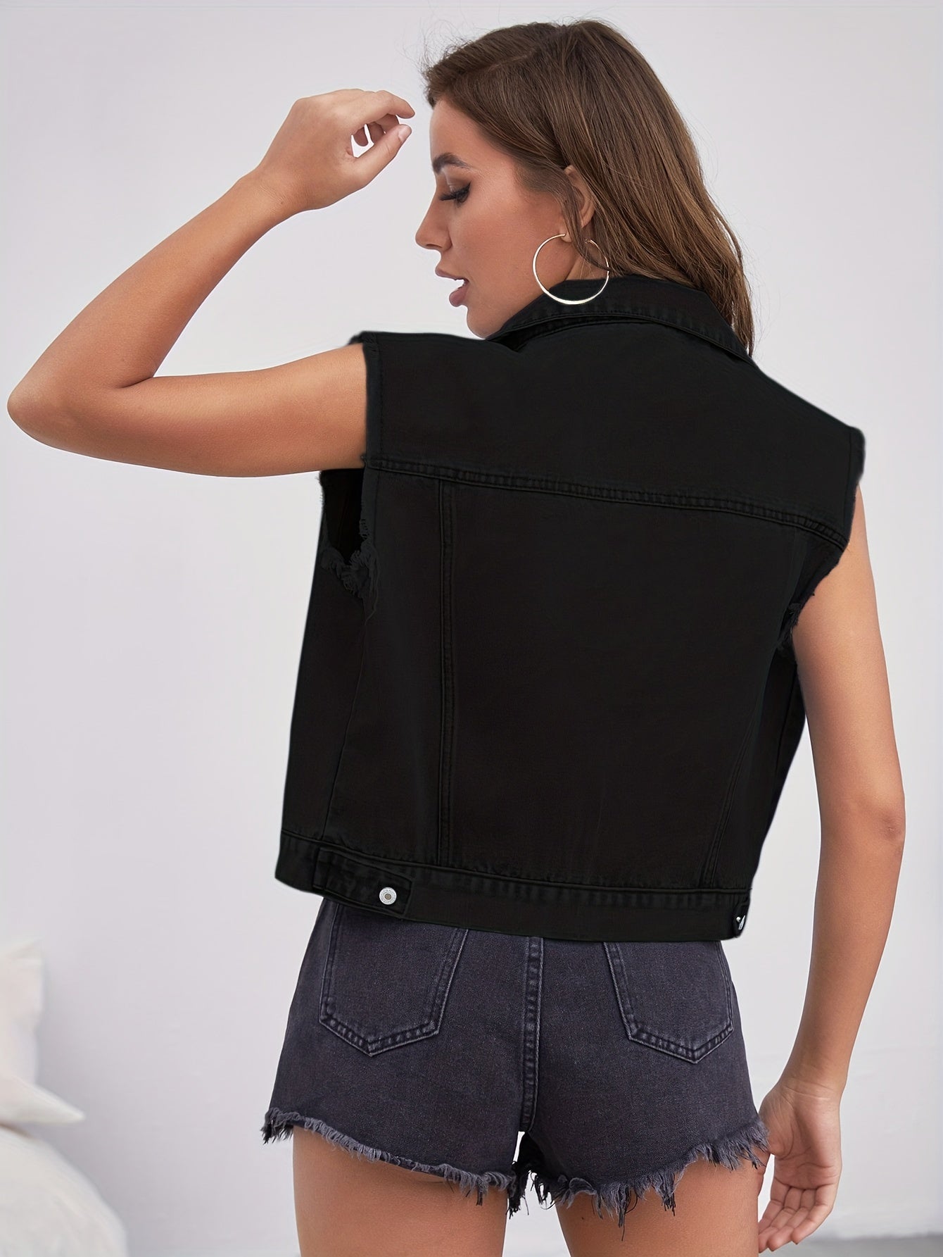 Blue Sleeveless Versatile Denim Jackets, Single-Breasted Button Flap Pockets Lapel Denim Vest, Women's Denim Clothing