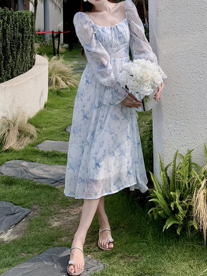 Elegant Floral Chiffon Midi Dress with Bell Sleeves - Square Neck, Long Sleeve, Lightweight, All-Season Wear for Women, Long Sleeve Dress