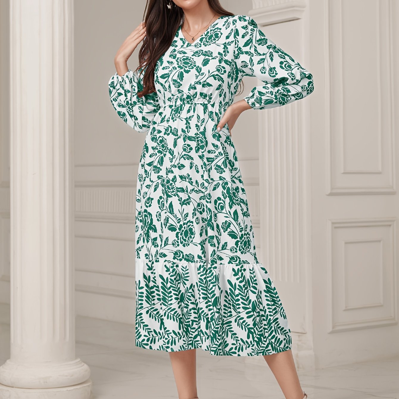 Floral & Leaves Print V-neck Dress, Elegant Elastic Waist Long Sleeve Dress For Spring & Fall, Women's Clothing