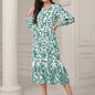 Floral & Leaves Print V-neck Dress, Elegant Elastic Waist Long Sleeve Dress For Spring & Fall, Women's Clothing