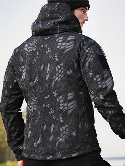 Men's Camouflage Printed Jacket, Softshell Hooded Outdoor Sports Coat, Hiking Casual Garment