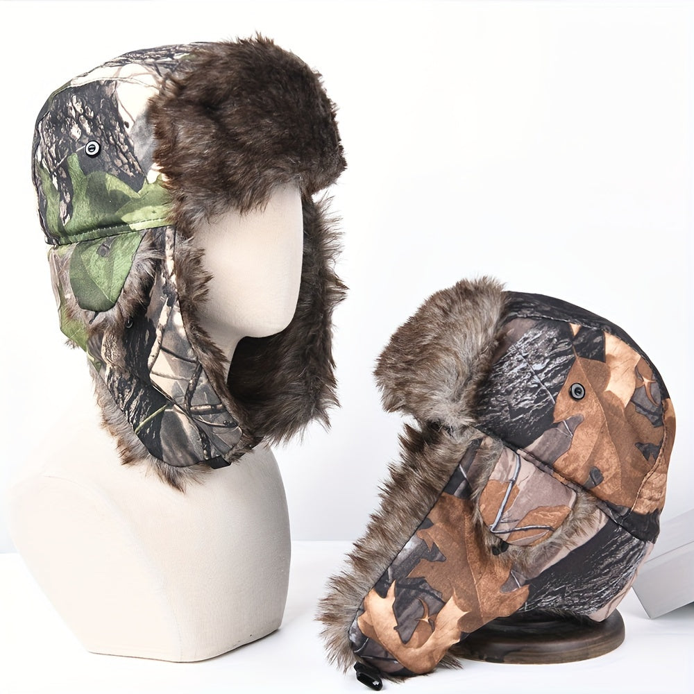 Camouflage Winter Trapper Hat Unisex Coldproof Fleece Ear Flap Hats Outdoor Hunting Hiking Bomber Hat For Women & Men