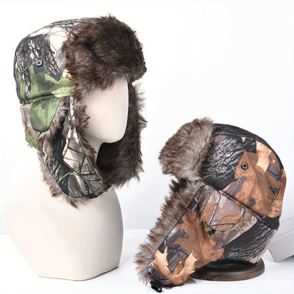 Camouflage Winter Trapper Hat Unisex Coldproof Fleece Ear Flap Hats Outdoor Hunting Hiking Bomber Hat For Women & Men