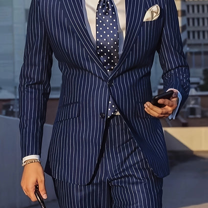 Men'S Suit 2pcs Navy Blue Pinstripe Blazer And Pants Formal/Casual Wear