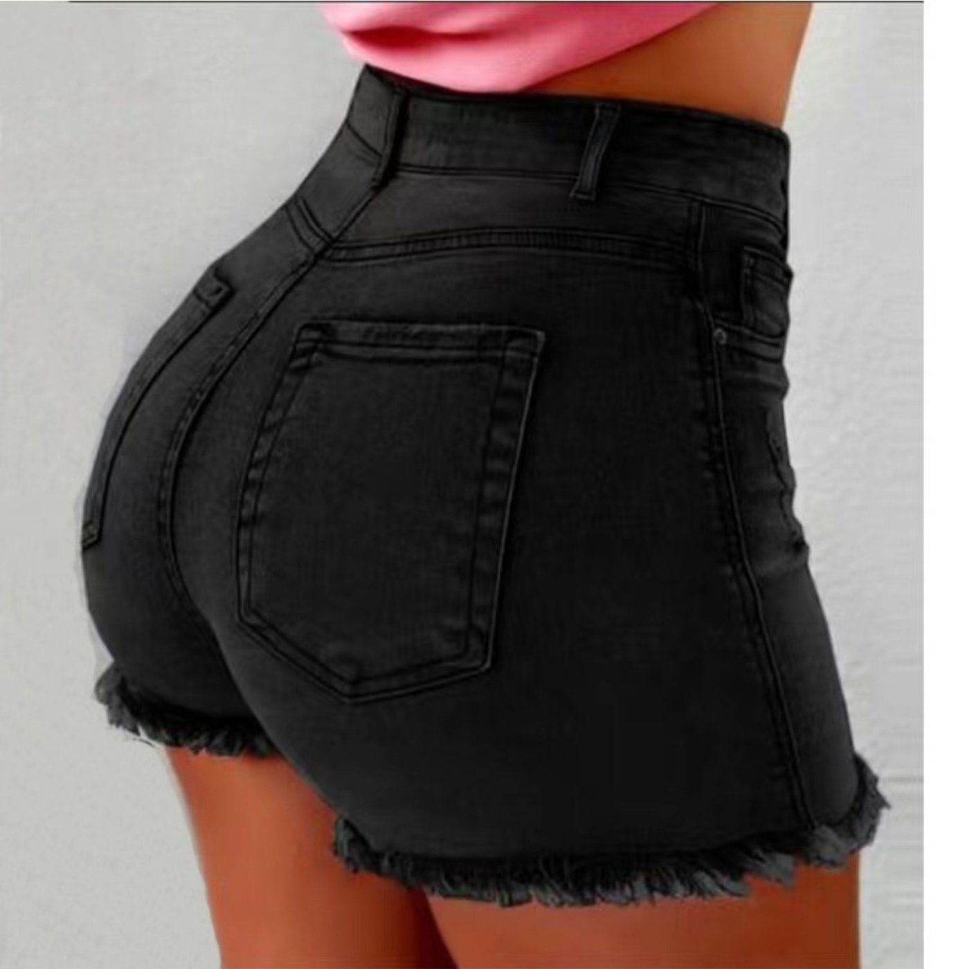 [Summer Wardrobe] Women's High-Waist Black Denim Shorts with Fringe Detail - Stylish Slimming Summer Essential, Look, Raw Hem, Casual Hot Pants for Spring/Summer
