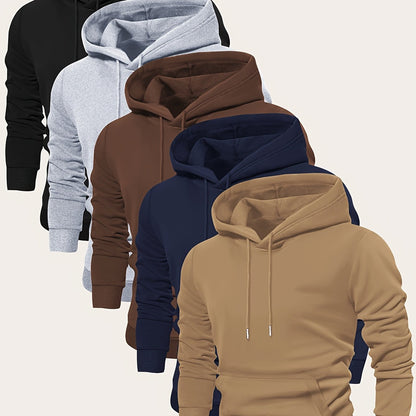 5pcs Men's Long Sleeve Hoodies, Solid Color Polyester Pullovers with Drawstring and Kangaroo Pocket, Casual Sports Jogging Tops for Spring/Fall - Regular Fit Knit Fabric Hooded Sweatshirts