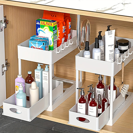 Under Sink Organizer 2 Pack, Kitchen Cabinet Organizer, 2 Tier Sliding Cabinet Basket Organizer Drawer, Multi-Purpose Bath Collection Baskets for Kitchen Under Counter Storage Organizer with 8 Hooks