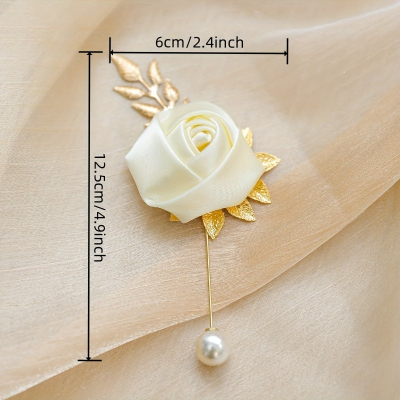 1pc High-end Faux Pearl & Rose Bud Boutonniere For Wedding Party Prom Decorations