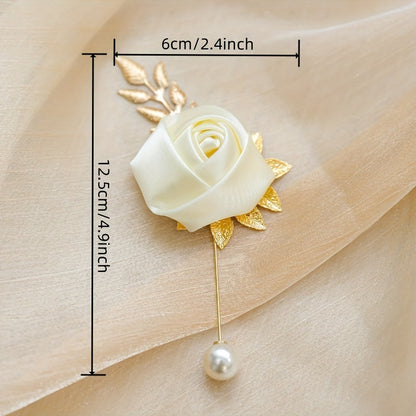 1pc High-end Faux Pearl & Rose Bud Boutonniere For Wedding Party Prom Decorations