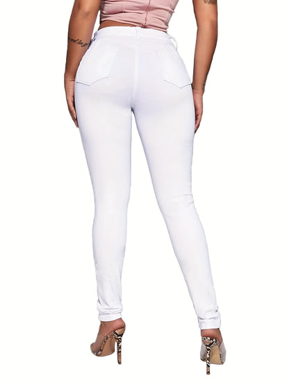 Ripped High Strech Distressed Jeans, Zipper Button Closure Solid Color Slim Fit Denim Pants, Women's Denim Jeans & Clothing