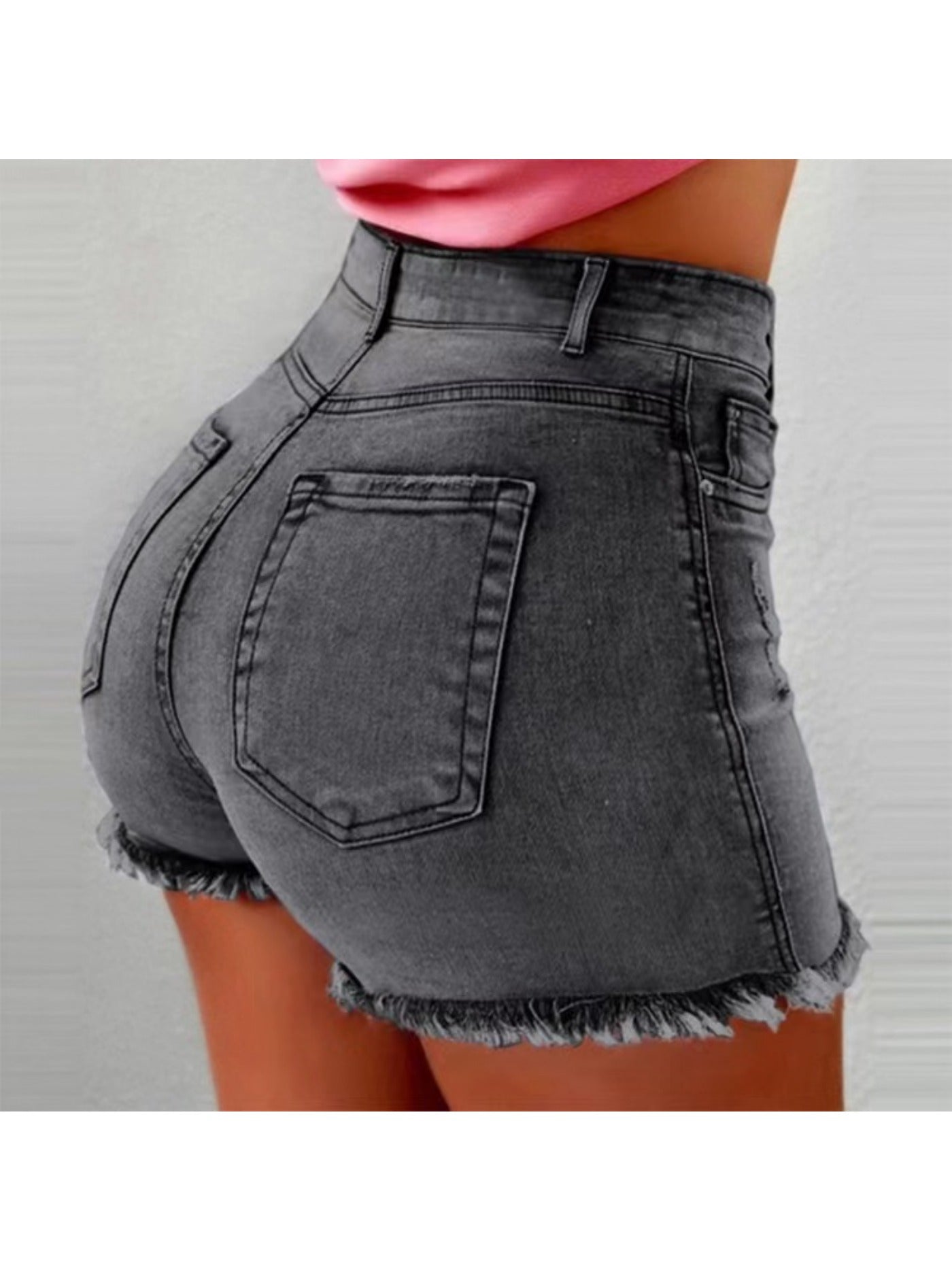 [Summer Wardrobe] Women's High-Waist Black Denim Shorts with Fringe Detail - Stylish Slimming Summer Essential, Look, Raw Hem, Casual Hot Pants for Spring/Summer