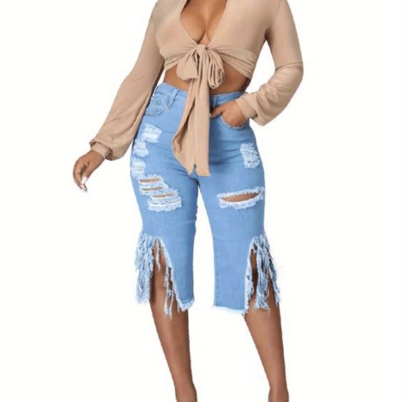 Trendy Distressed Denim Shorts with Fringe Hem for Women