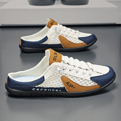Men'S One Foot Casual Slippers - Breathable PU Upper, Cushioned EVA Insole And Durable PVC Sole, White And Navy Blue With Golden Accents, All Season Indoor/outdoor Shoes Suitable For Daily Wear And Vacation, Fashionable Shoes