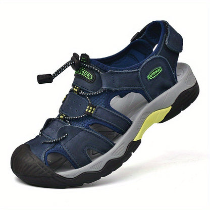 Men's Genuine Leather Non-Slip Sandals - Lightweight Quick-Dry Beach Shoes with Adjustable Straps, Breathable Rubber Sole & Comfortable Round Toe for Summer Casual Wear