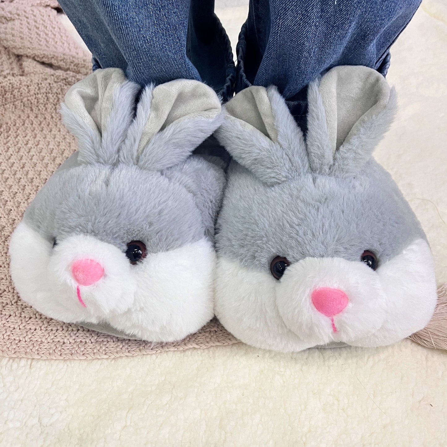 Cozy Bunny Slippers - Plush Indoor/Outdoor Shoes, Cute Gray Rabbit Design with Floppy Ears & Pink Inner Lining, Soft Fabric Upper & Rubber Sole, Perfect for Bedroom or Gift, Outdoor Slippers | Comfortable Slippers | Rubber So