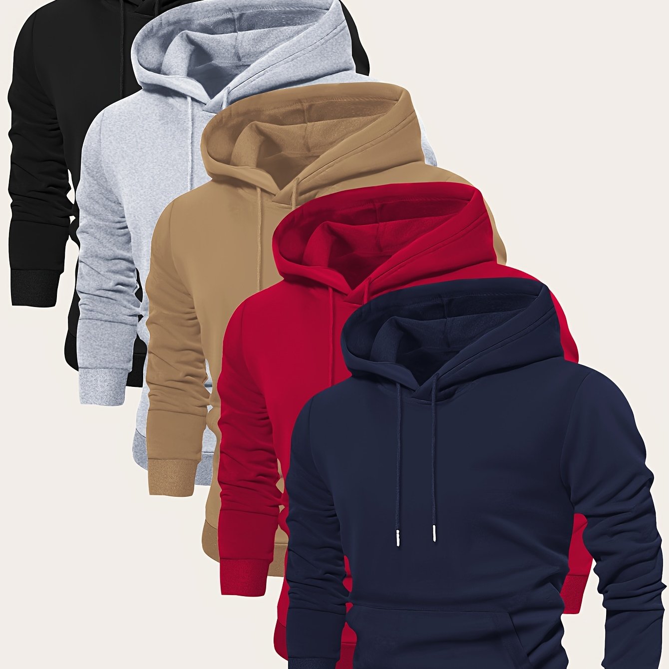 5pcs Men's Long Sleeve Hoodies, Solid Color Polyester Pullovers with Drawstring and Kangaroo Pocket, Casual Sports Jogging Tops for Spring/Fall - Regular Fit Knit Fabric Hooded Sweatshirts