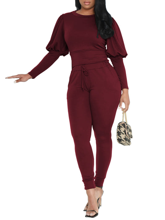 3370 Women's Two-Piece Set with Fluffy Sleeve Top and Jogging Pants, Fashionable Sporty Outfit