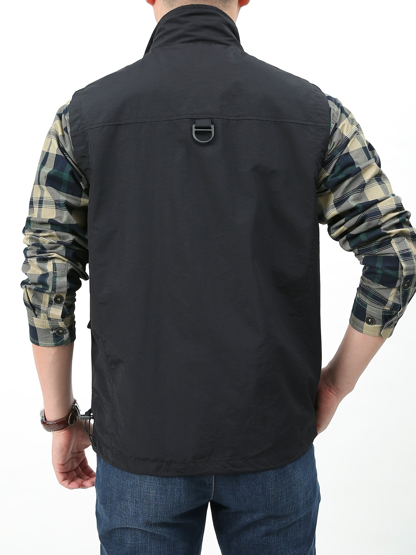 Men's Solid Tank Top With Multi Pockets, Casual Stand Collar Sleeveless Slim-fit Top, Men's Clothing For Outdoor