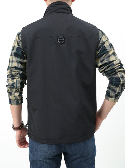 Men's Solid Tank Top With Multi Pockets, Casual Stand Collar Sleeveless Slim-fit Top, Men's Clothing For Outdoor