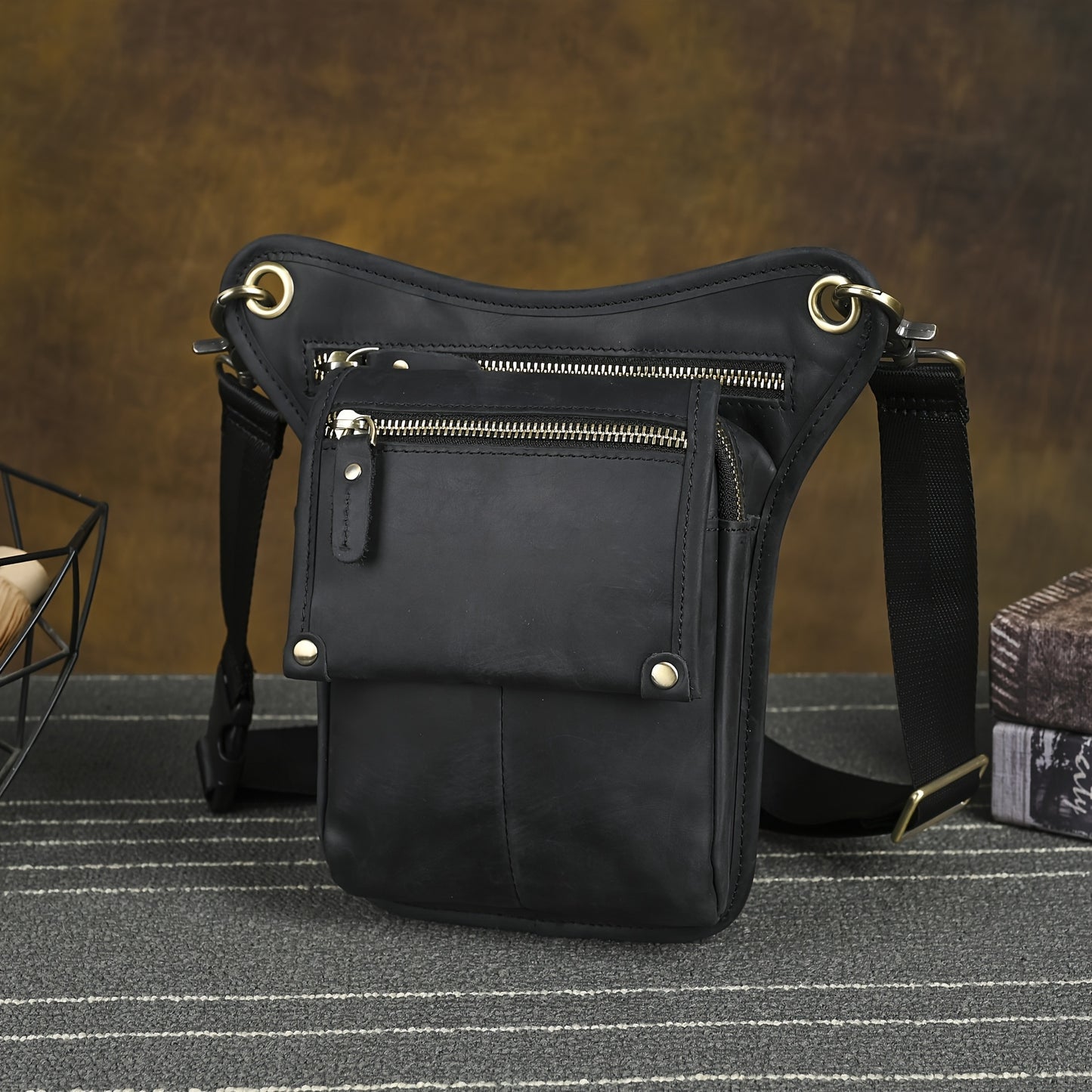 Men's Genuine Leather Vintage Sling Bag - Casual Classic Brown Travel Fanny Pack with Multiple Zippered Pockets & Adjustable Strap