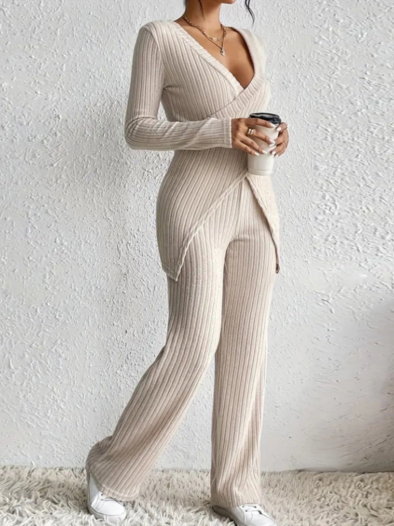 Women's Ribbed Fall Set Solid Color V-Neck Long Sleeve Slim Fit Cross Front Tops Long Pants 2pcs Outfits