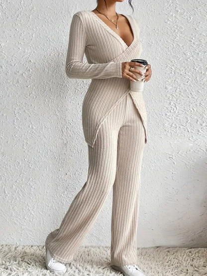 Women's Ribbed Fall Set Solid Color V-Neck Long Sleeve Slim Fit Cross Front Tops Long Pants 2pcs Outfits