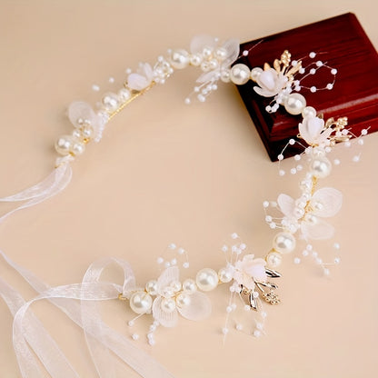 Faux Pearl Flower Beaded Headband Exquisite Flower Ring Wedding Bridal Headpiece Tulle Bandage Hair Accessories