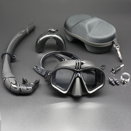 Wet Low Volume Freediving Mask Tempered Glass J-type Adults Diving Mask Snorkel Set with Camera Mount Black