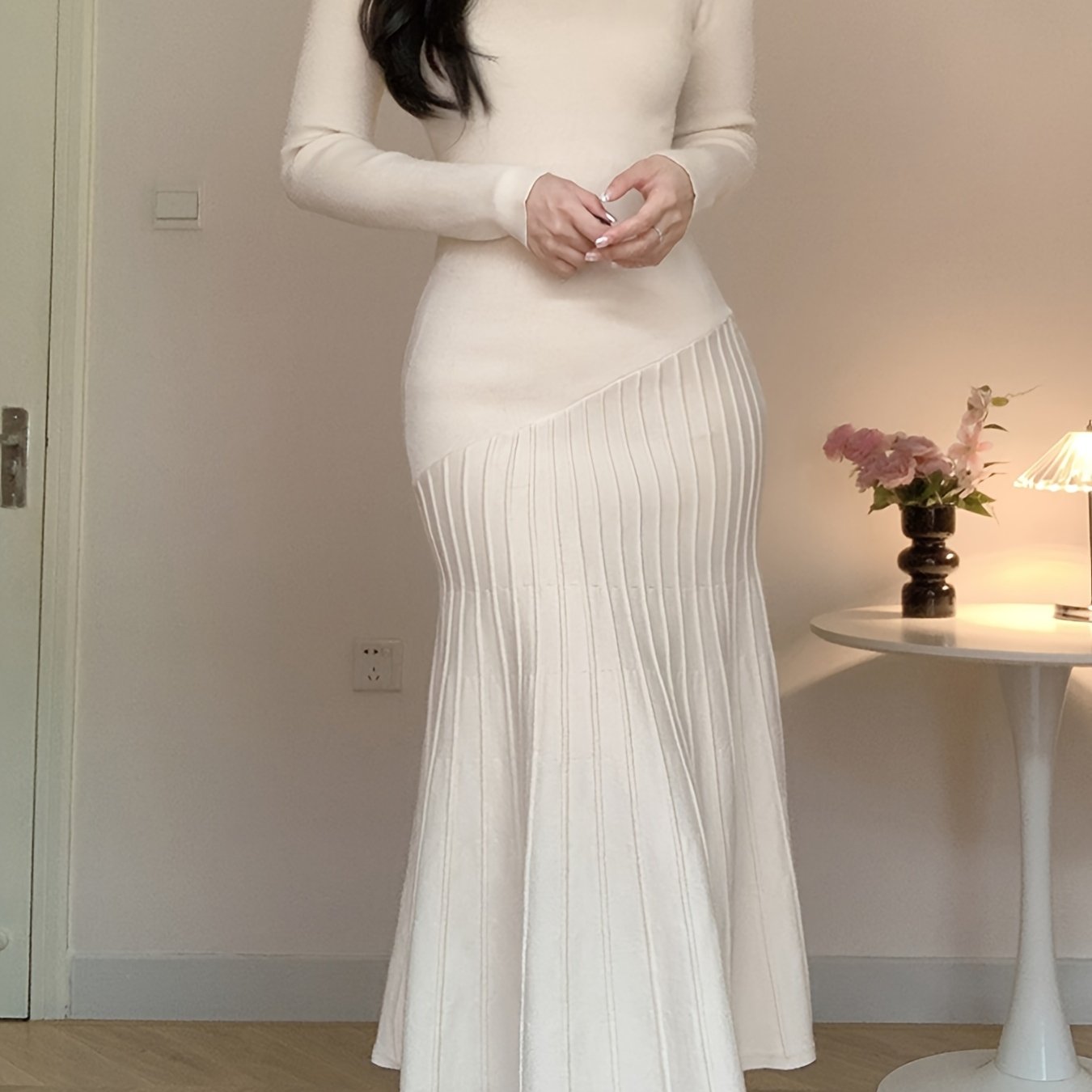 Long Sleeve V-Neck Knit Dress, Polyester, Polyamide, Viscose Blend, Middle Eastern Style, Autumn/Winter, Floor-Length, A-Line, Hand Wash Or Dry Clean