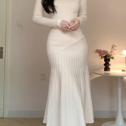 Long Sleeve V-Neck Knit Dress, Polyester, Polyamide, Viscose Blend, Middle Eastern Style, Autumn/Winter, Floor-Length, A-Line, Hand Wash Or Dry Clean