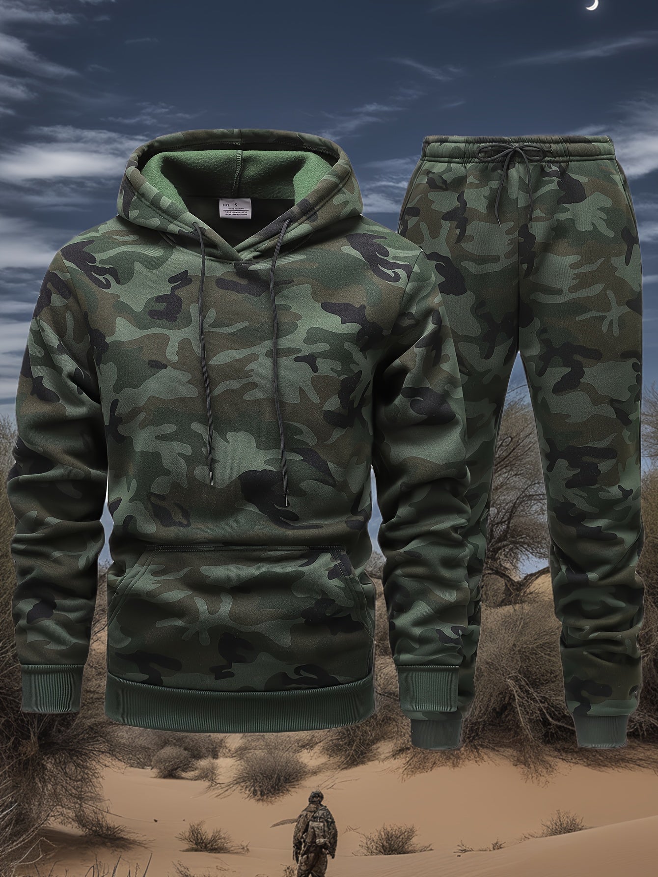 Men'S Camo Hooded Sweatshirt and Pants Set, Casual Outdoor Polyester 100% Full Body Suit, Long Sleeve Pullovers with Drawstring, Regular Fit, 3D Printing, Knit Fabric, Slight Stretch, for Hiking, Camping, Hunting, Running, Tr