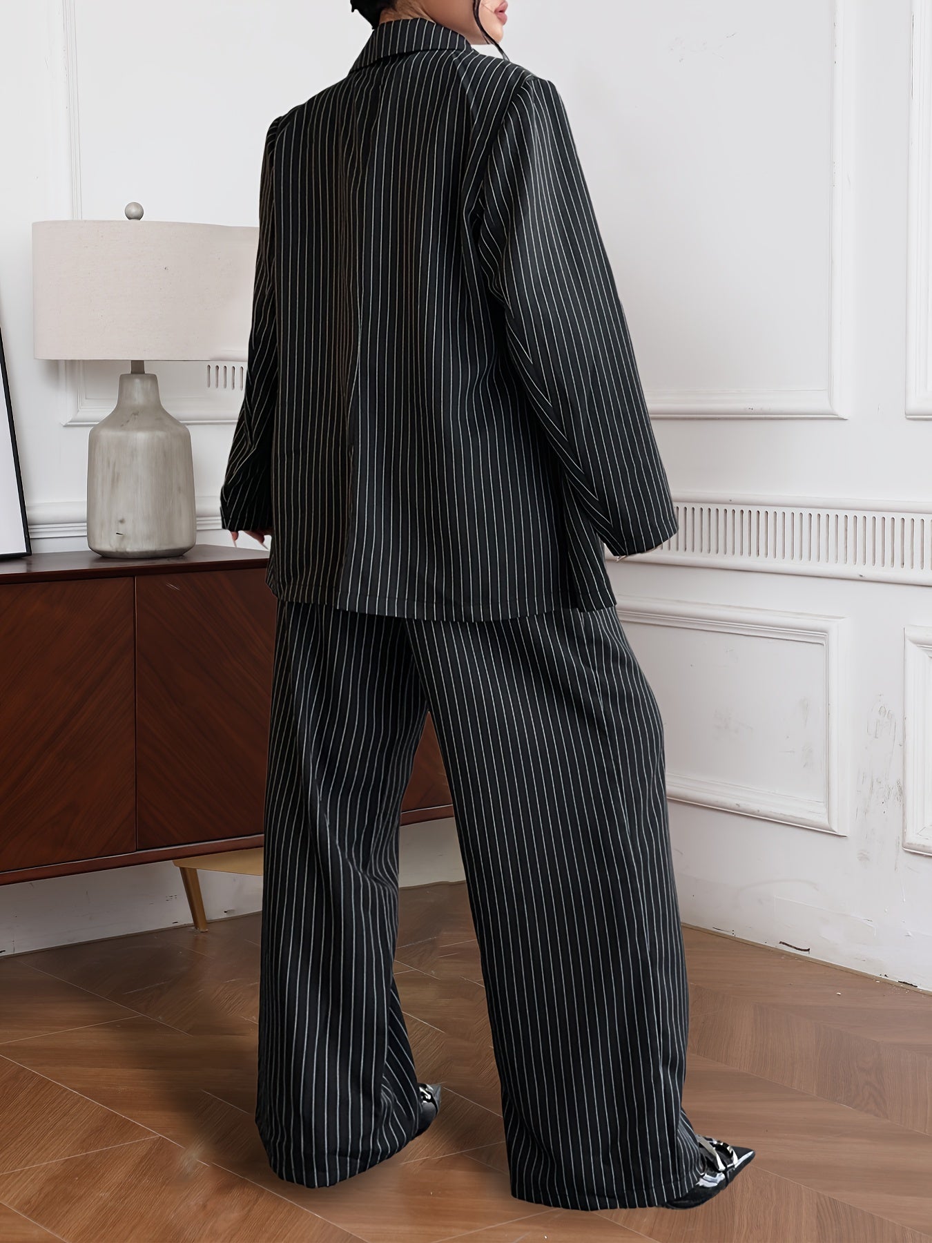 Large Size Women's Striped Long Sleeve Suit Jacket with V-Neck Vest and Trousers, Three-Piece Suit for Commuting and Parties