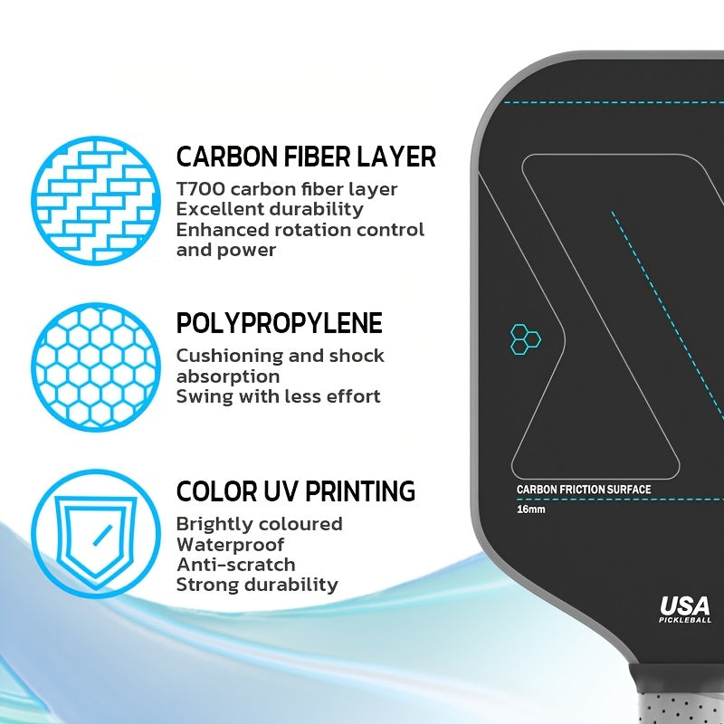 1pc T700 Carbon Fiber Pickleball Paddle, 16mm High-Friction Cloth Pattern Racket, Cold Pressed, Breathable & Comfortable Grip, Unisex-Adults, USA Approved