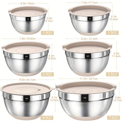 Mixing Bowls with Airtight Lids, 26pcs Stainless Steel Bowls Set 6 bowls & Lids + 20 kitchen tools, 3 Grater Attachments & Black Non-Slip Bottoms Size 7, 4, 2.5, 2.0, 1.5, 1QT, Great for Mixing & Serving