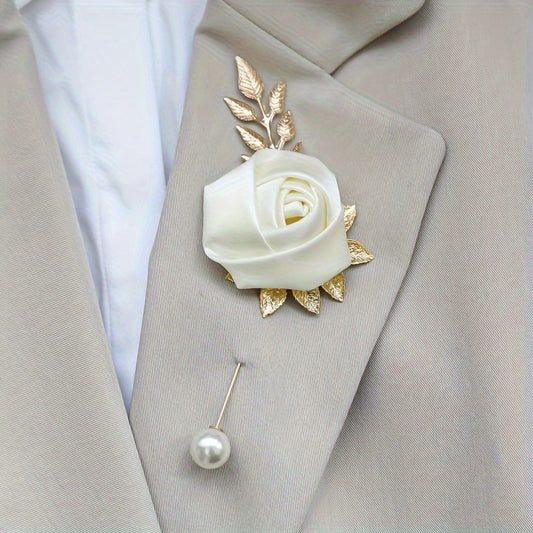 1pc High-end Faux Pearl & Rose Bud Boutonniere For Wedding Party Prom Decorations