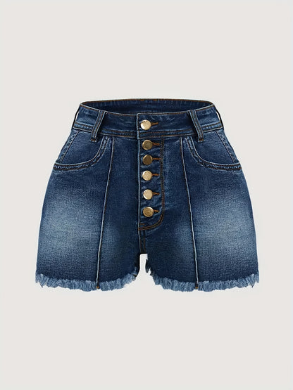 Women'S Front Button Dark Blue Folded Rim Buttocks Fur Edge Pants Feet Denim Shorts