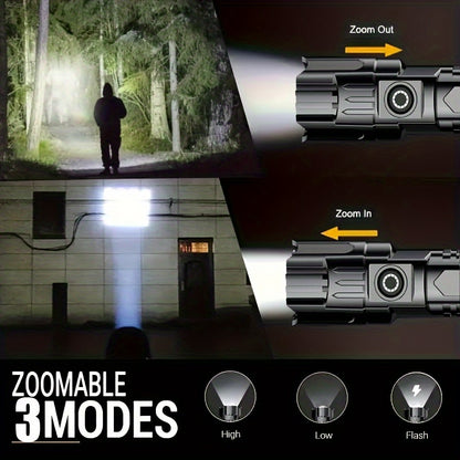 2pcs LED Ultra-bright Flashlights, Rechargeable High Lumens, 3 Modes, Zoom, Portable Camping Flashlights, For Outdoor Hiking, Home Emergency, Built-in Lithium Battery