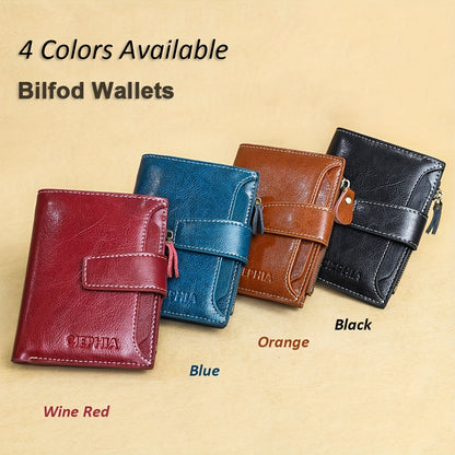 Genuine Leather RFID Blocking Wallet for Women - Stylish Bifold Card Holder with Detachable ID Window, Zipper Coin Pocket & Multiple Compartments, Red, Travel Accessory | Rfid Safe Wallet | Durable Leather, Card Holder Wallet